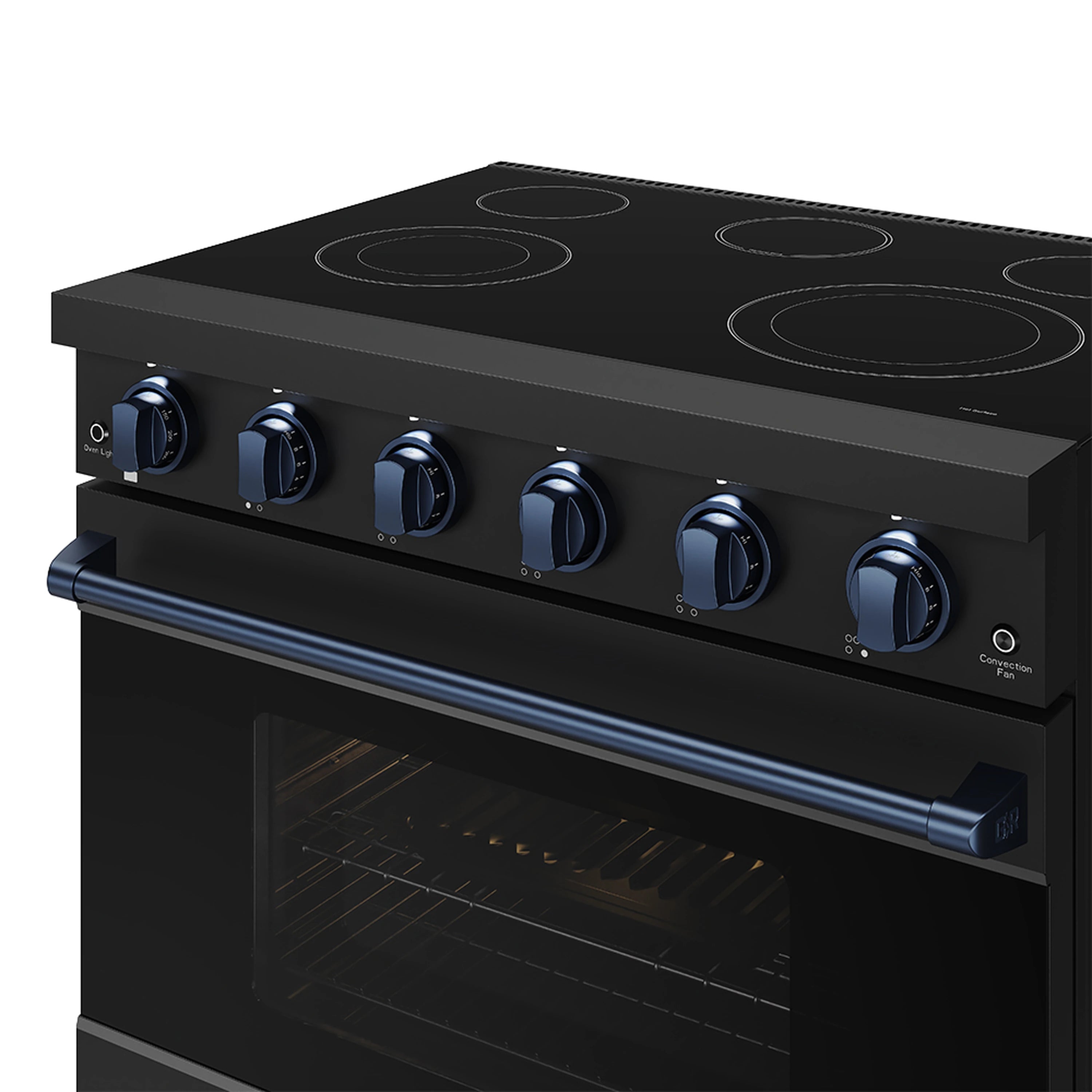 Black electric range cooktop with five burner circles and blue-accent control knobs