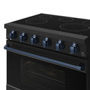 Black electric range cooktop with five burner circles and blue-accent control knobs
