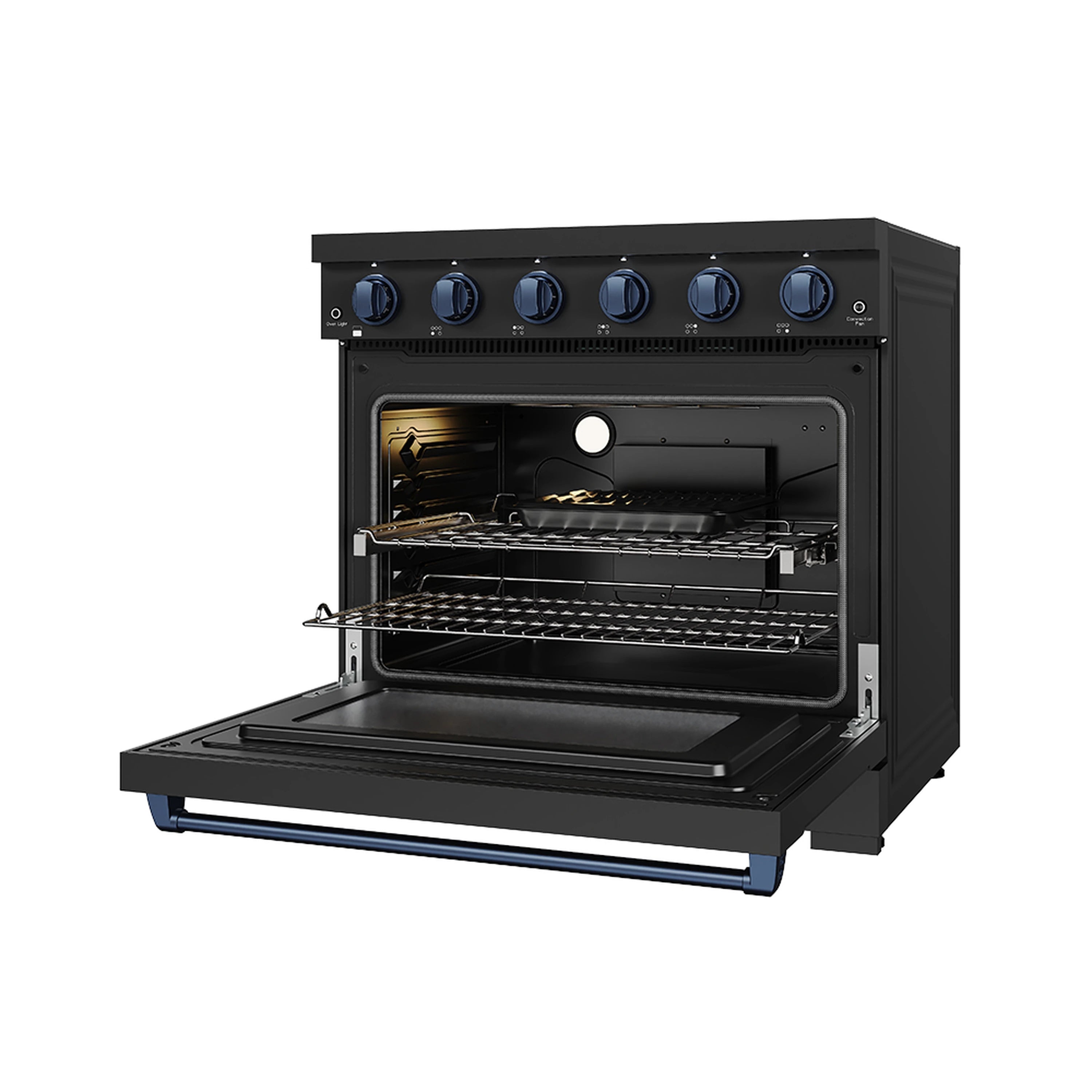 Black electric range with open oven and interior racks; blue-trim drawer visible