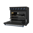 Black electric range with open oven and interior racks; blue-trim drawer visible