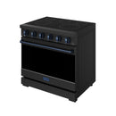 Black electric range with ceramic cooktop, blue-trim bar handle, and control knobs