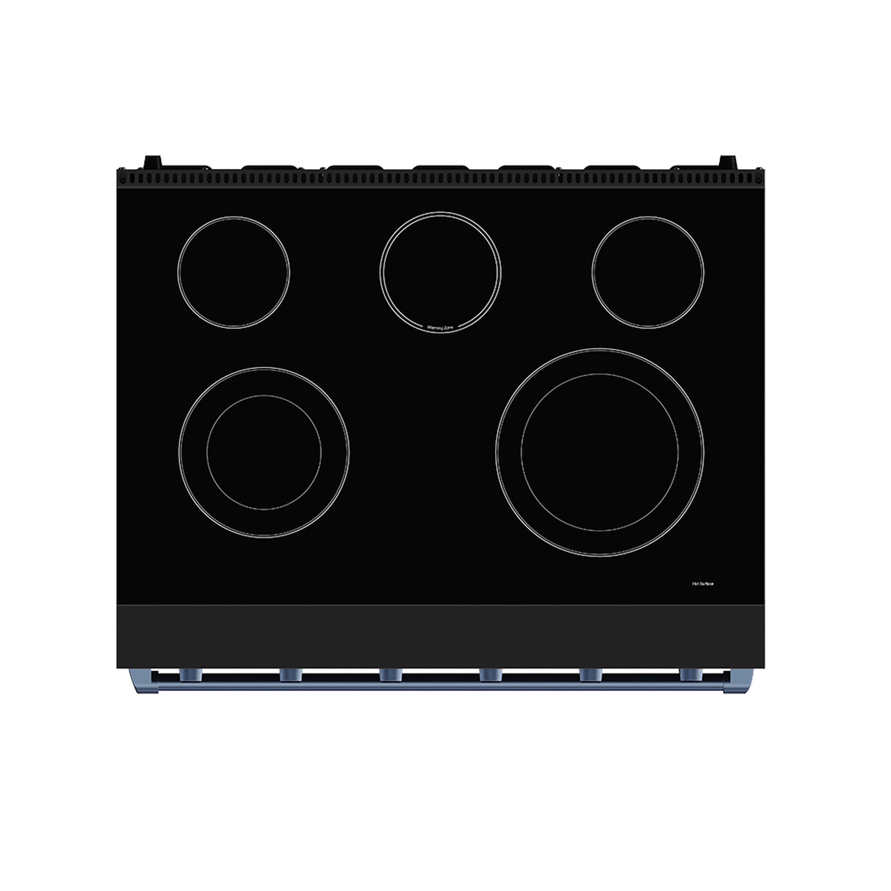 Black ceramic cooktop with five coil burners and blue-trim side panel