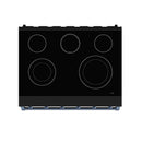 Black ceramic cooktop with five coil burners and blue-trim side panel