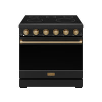Black 36-inch electric range with bronze-trim knobs and smooth cooktop