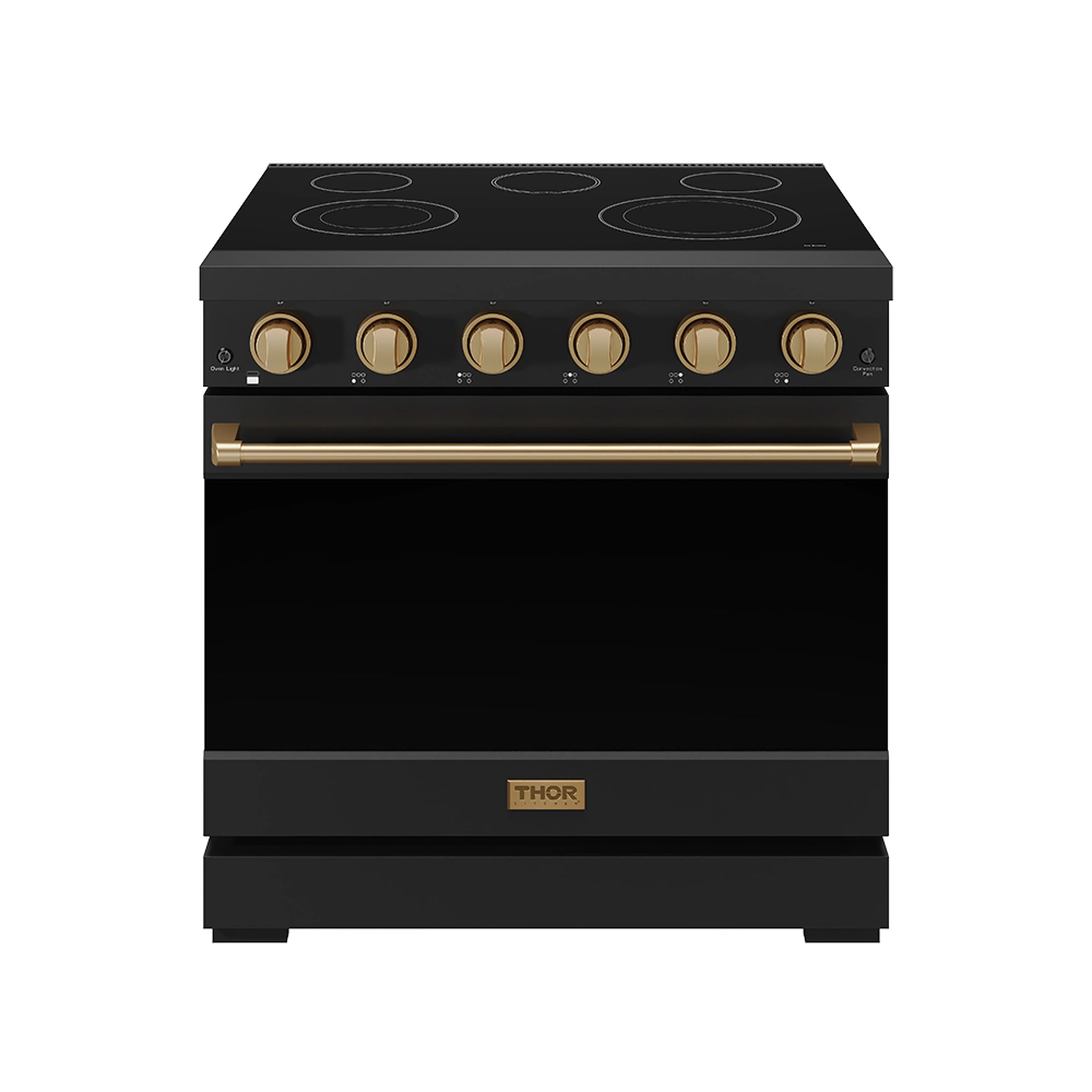 Black 36-inch electric range with bronze-trim knobs and smooth cooktop