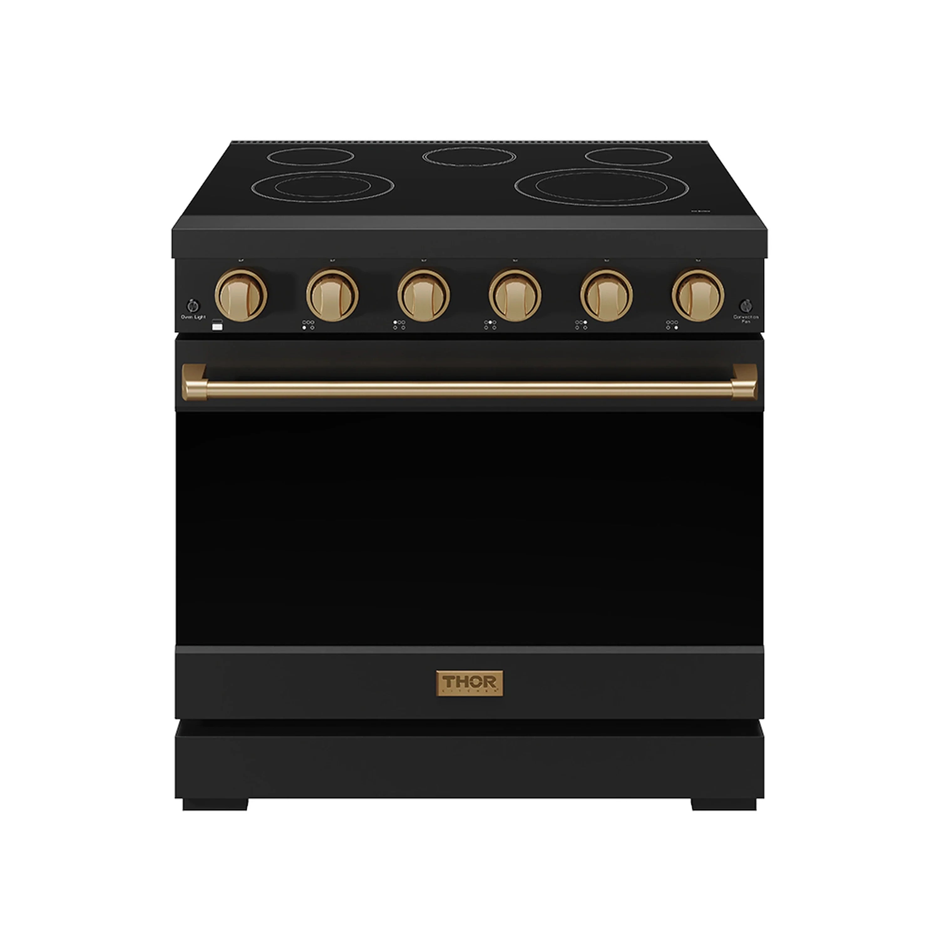 Black electric range with bronze control knobs and long oven handle