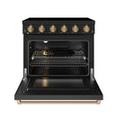 Black electric oven range with open door, wire racks, and bronzed control knobs