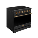 Black electric range with bronze control knobs, long bronze handle, and cooktop burners