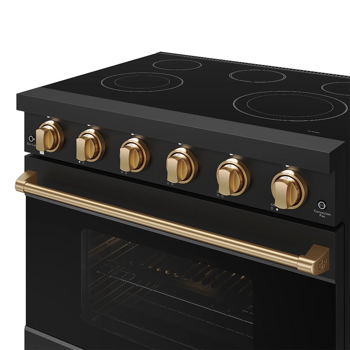 Black electric range control panel with bronze knobs and long bronze handle