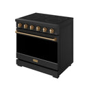 Black 36-inch electric range with bronze-trim control knobs and oven handle