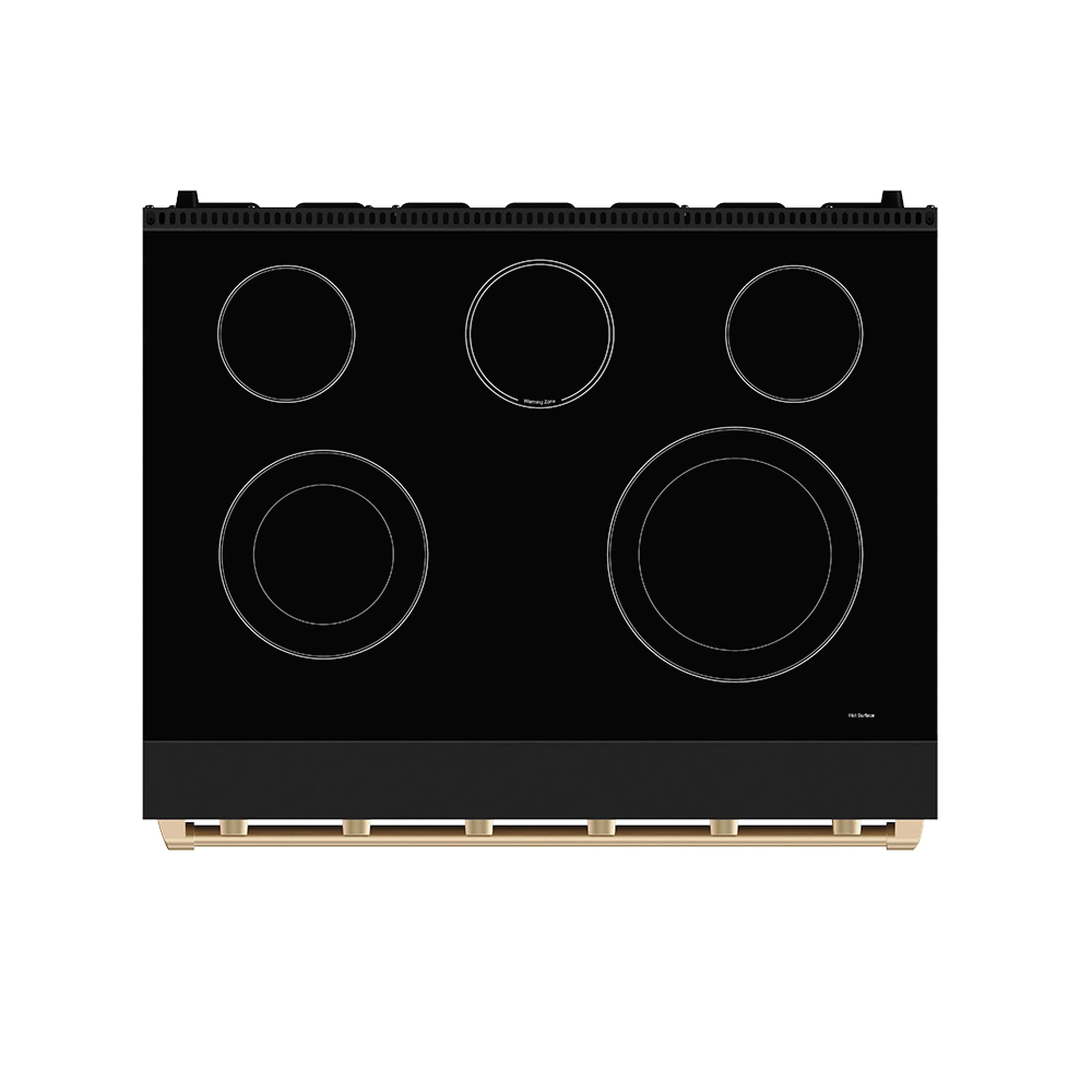 Black electric cooktop with five round burner elements and bronze accents at base