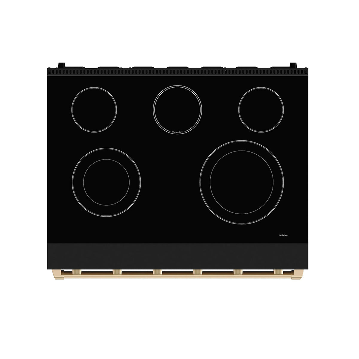 Black electric range cooktop with six coil burners and bronze control trim