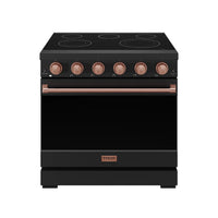 Black electric range front with rose gold knobs and handle bar, smooth cooktop above.