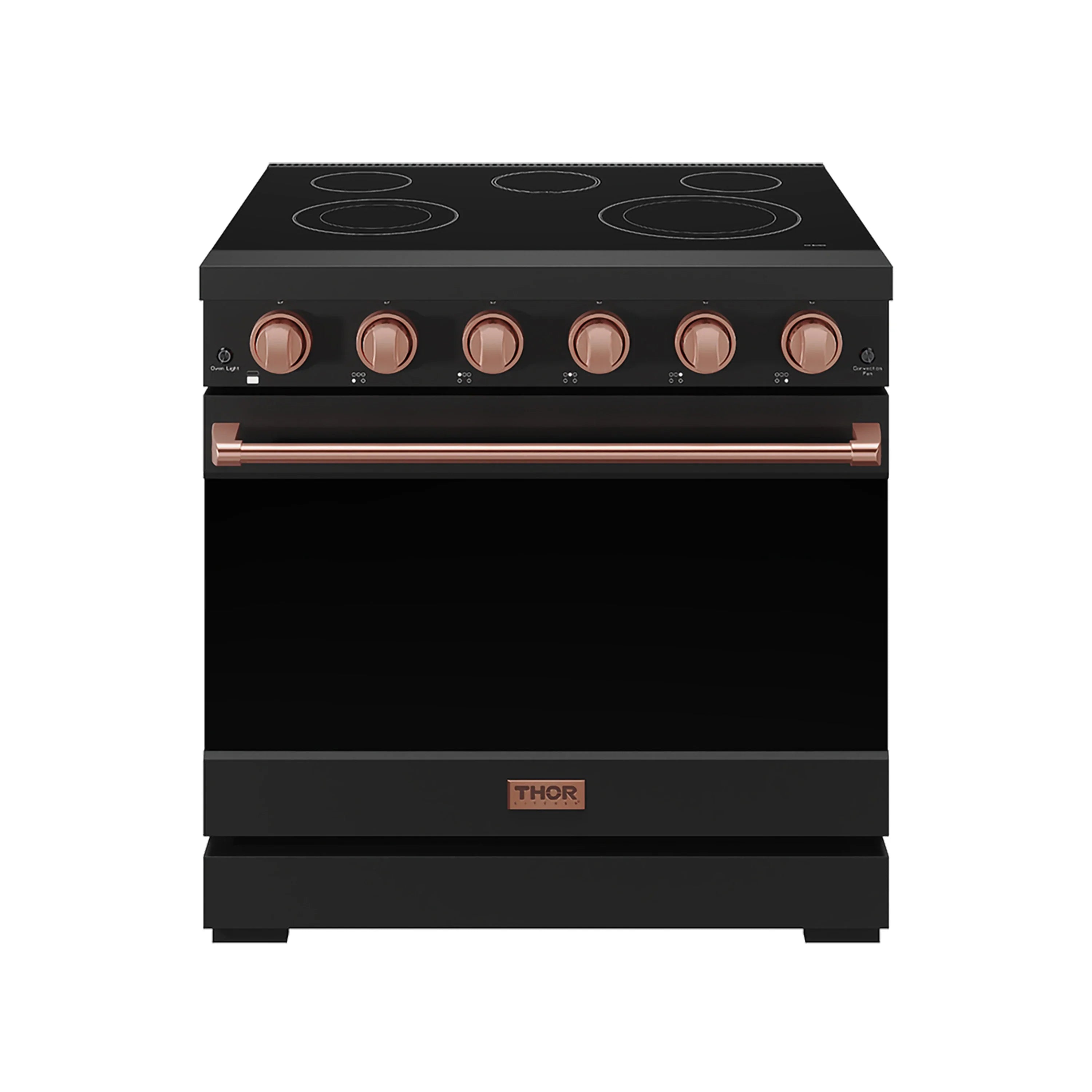 Black electric range with rose-gold handle, copper knobs, and five coil burners