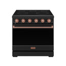 Black electric range front with rose gold knobs and handle bar, smooth cooktop above.