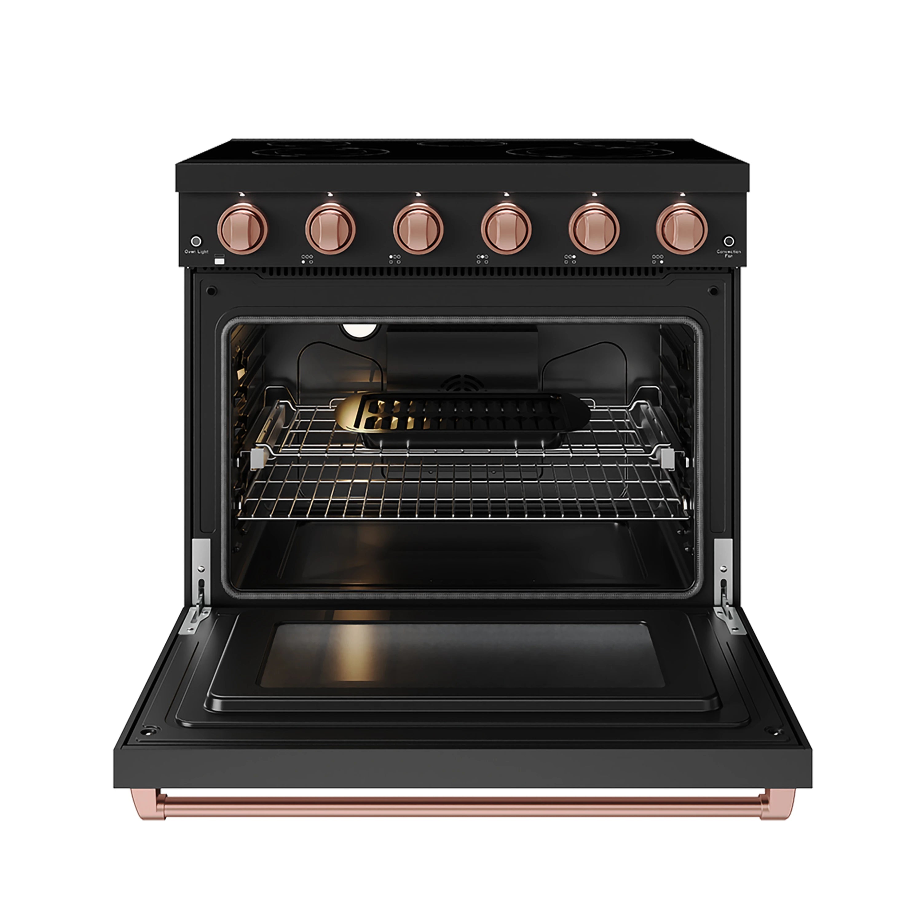 Black 36-inch electric range with rose gold knobs and open oven door, baking rack inside.