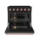 Black 36-inch electric range with rose gold knobs and open oven door, baking rack inside.