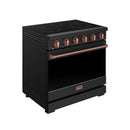 Black electric range with ceramic cooktop, rose gold control knobs and trim panel.
