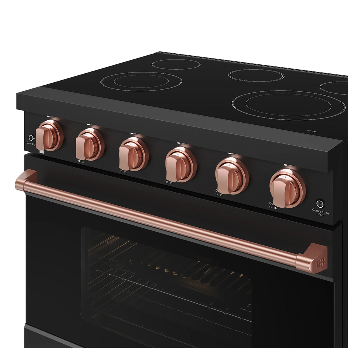Black electric range front panel with copper knobs and long copper oven handle