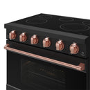 Black electric range front view with rose gold control knobs and long rose gold handle.