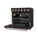 Black electric range with open oven door, wire rack inside, rose gold trim and knobs.