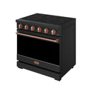 Black electric range with rose gold handle bar and control knobs, cooktop on top.