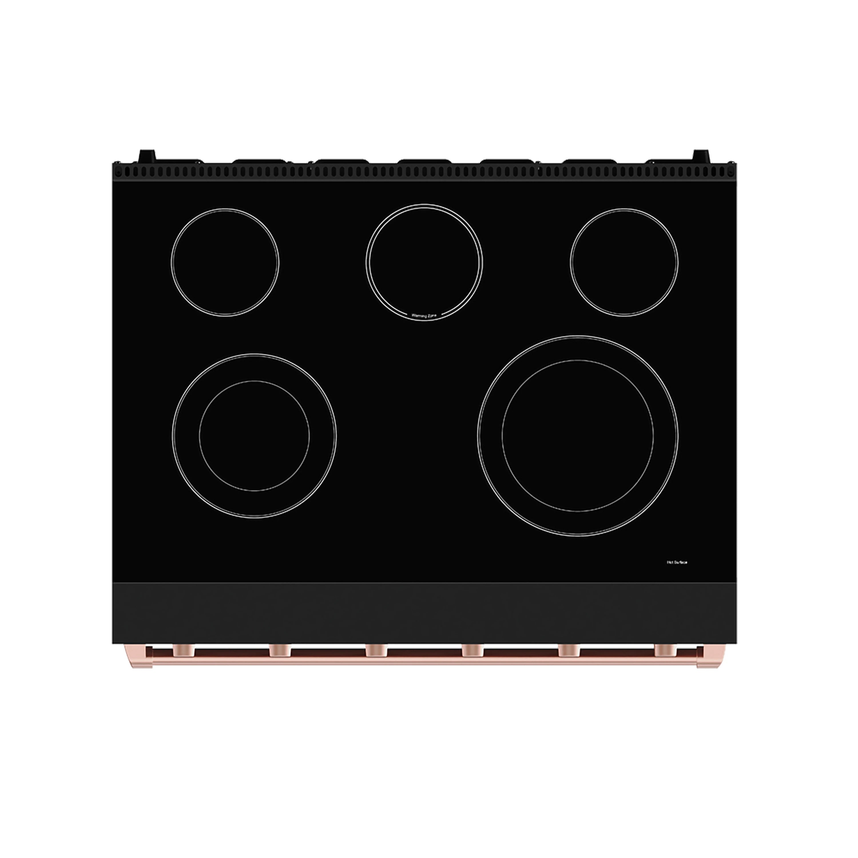 Black glass electric cooktop with six round burners and rose gold base trim.