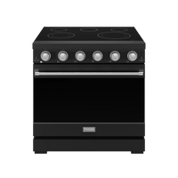 Black electric range with five coil burners and stainless control panel trim
