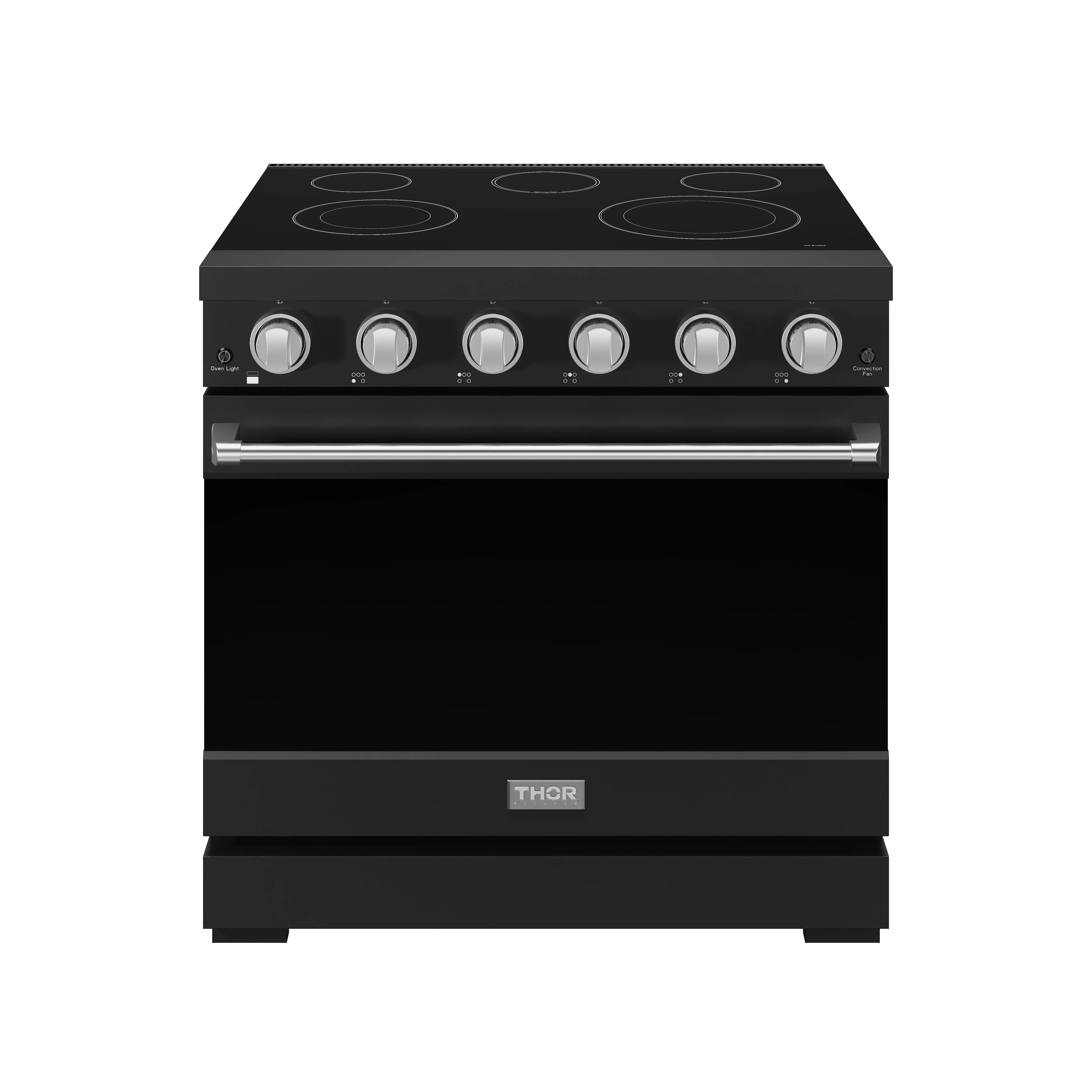 Black electric range with five coil burners and stainless control panel trim