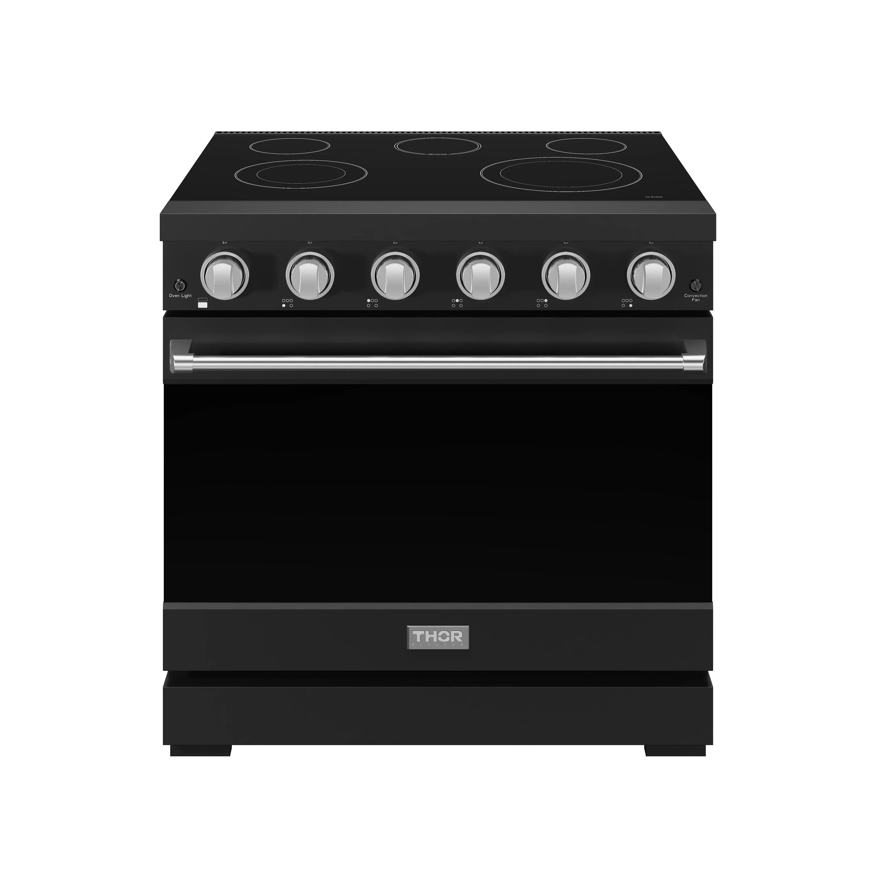 Black electric range with smooth cooktop, 5 knobs, and stainless control trim