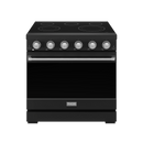 Black electric range with five coil burners and stainless control panel trim