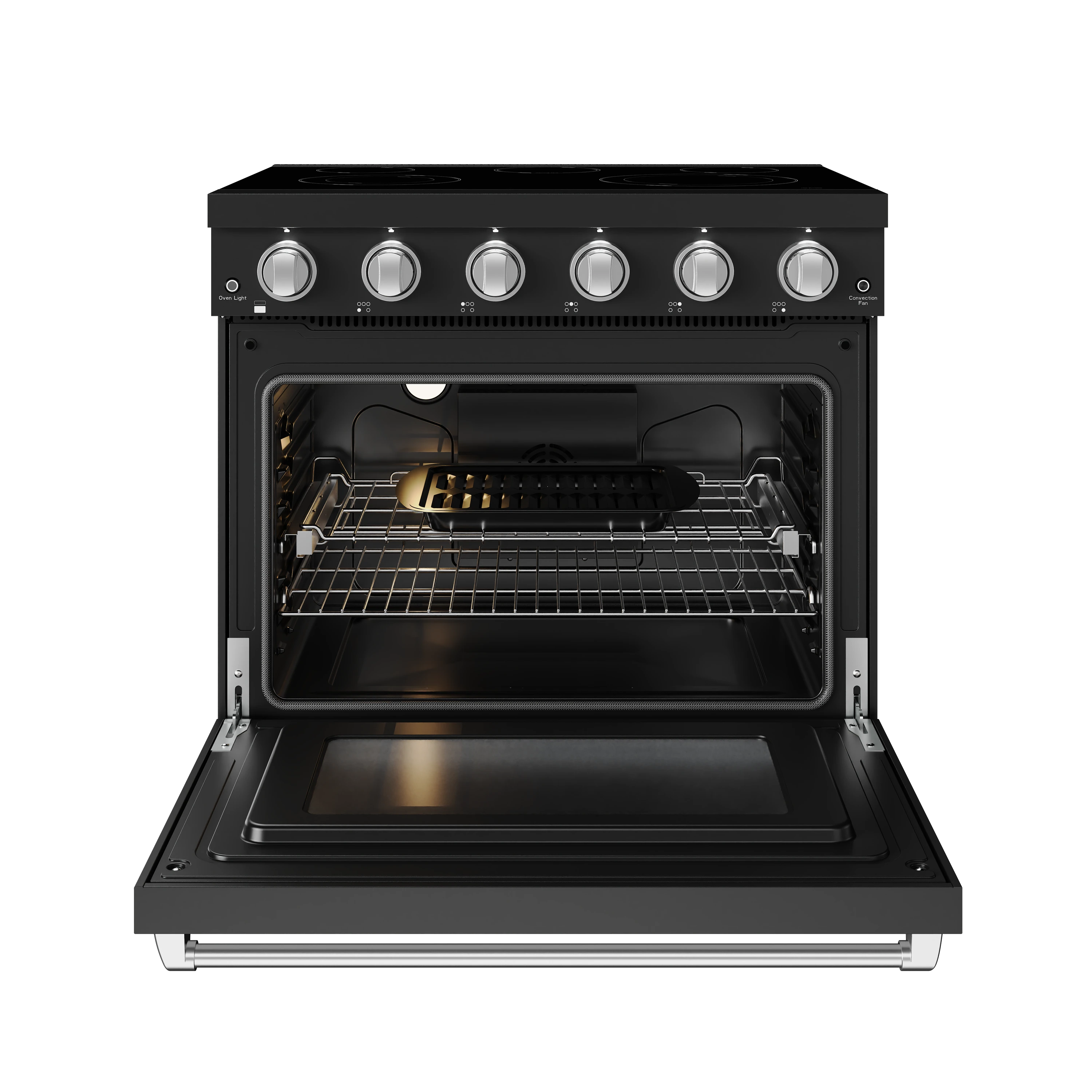 Black electric oven range with open door, racks, and visible heating elements