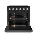 Black electric oven range with open door, racks, and visible heating elements