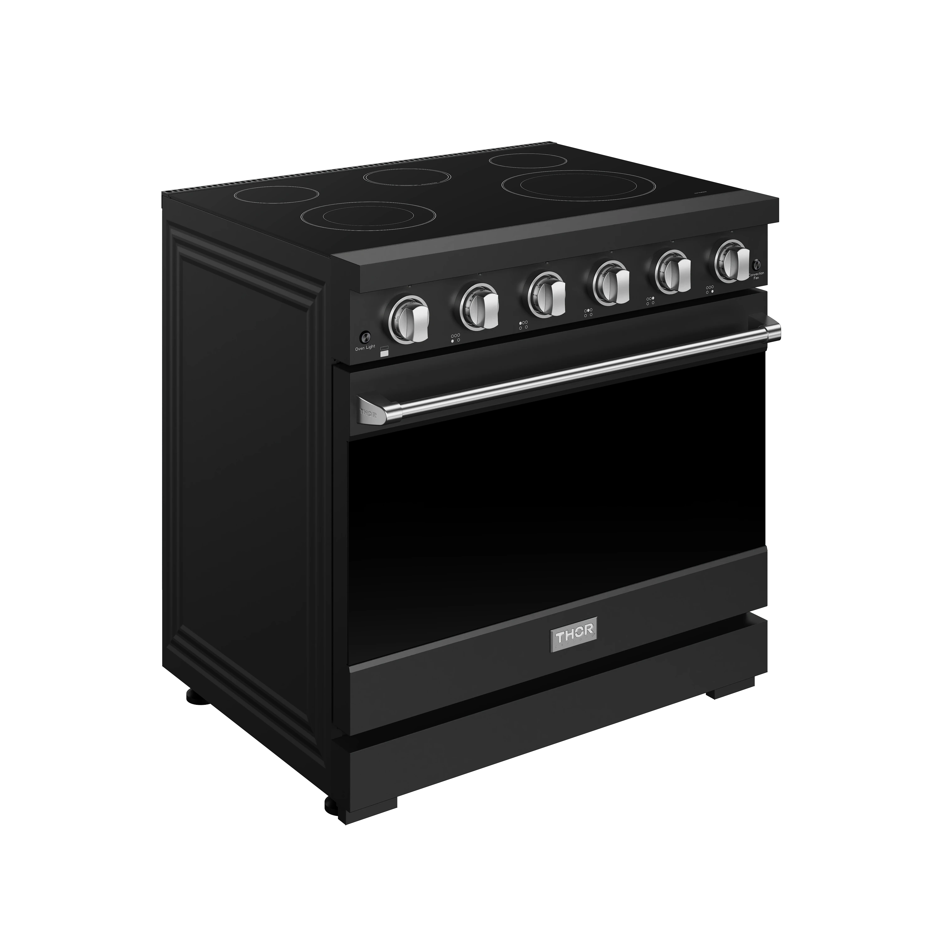 Black electric range with stainless oven handle and front control knobs