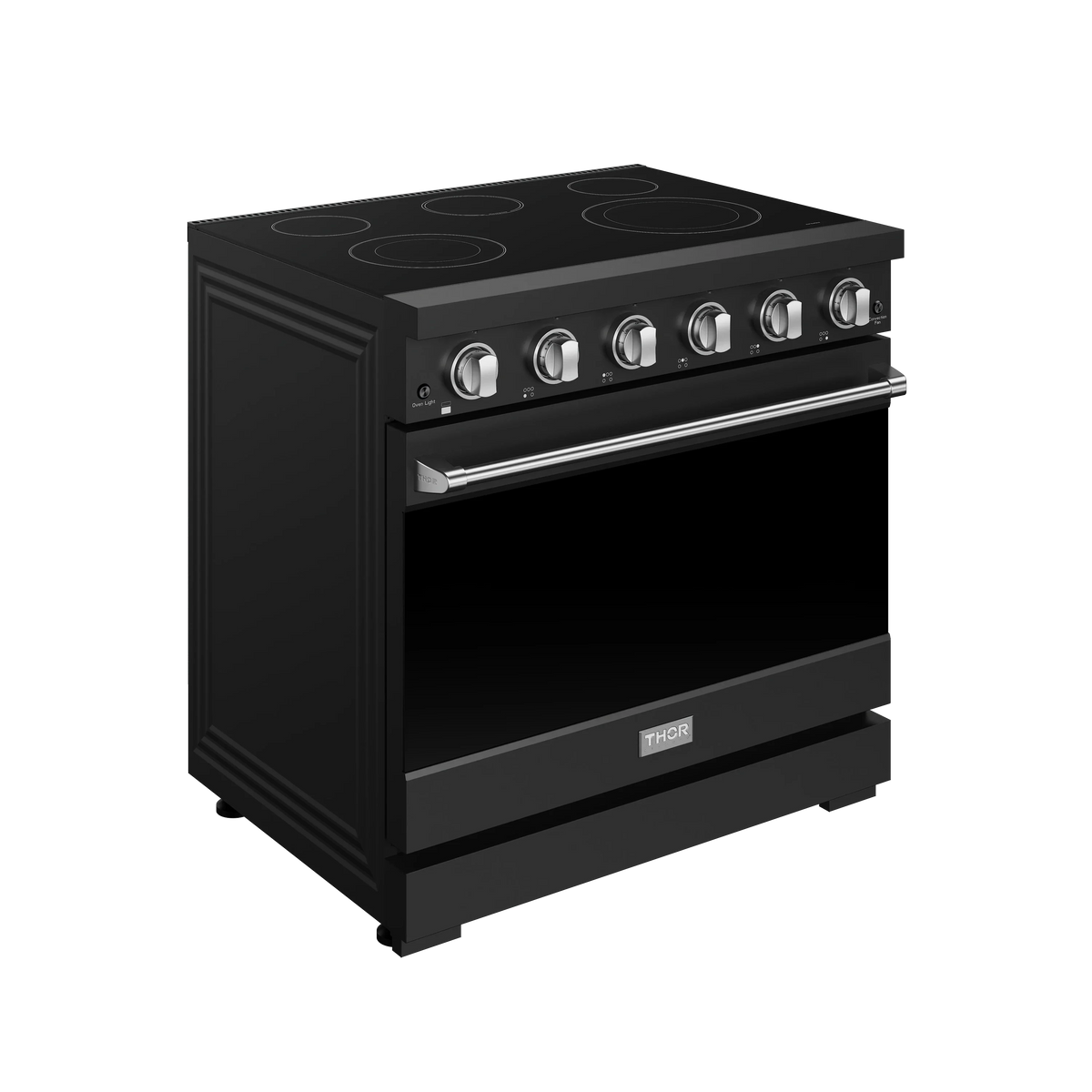 Black electric range with stainless rail, 5 control knobs, and glass-top cooktop