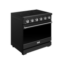 Black electric range with stainless oven handle and front control knobs