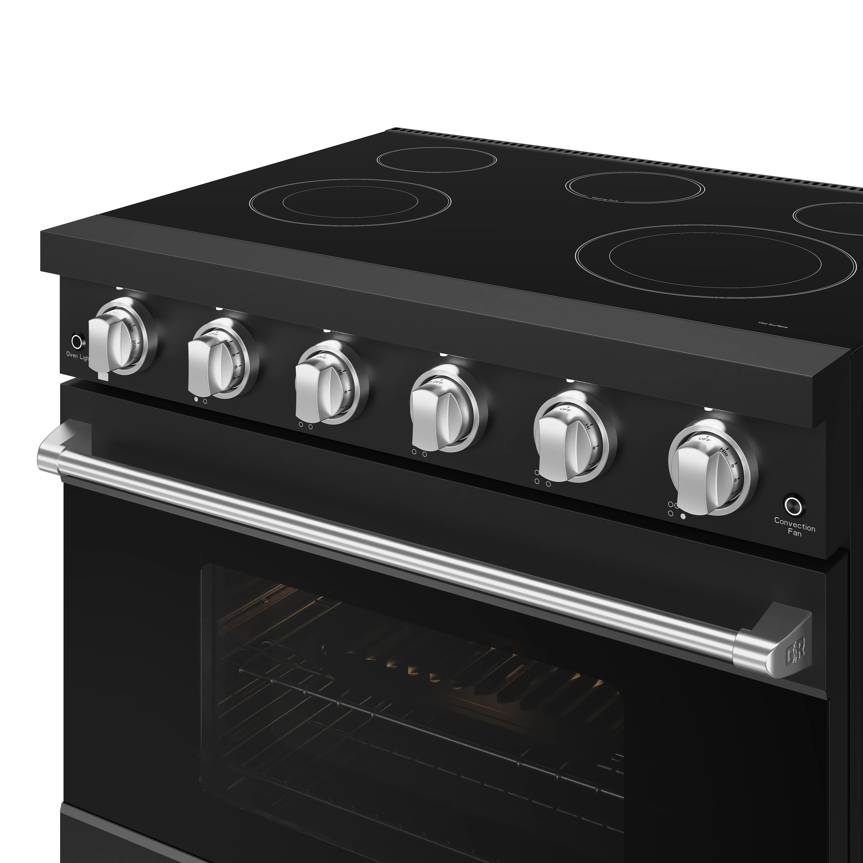 Black electric range cooktop with four coil burners, stainless trim, control knobs