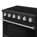 Black electric range cooktop with four coil burners, stainless trim, control knobs