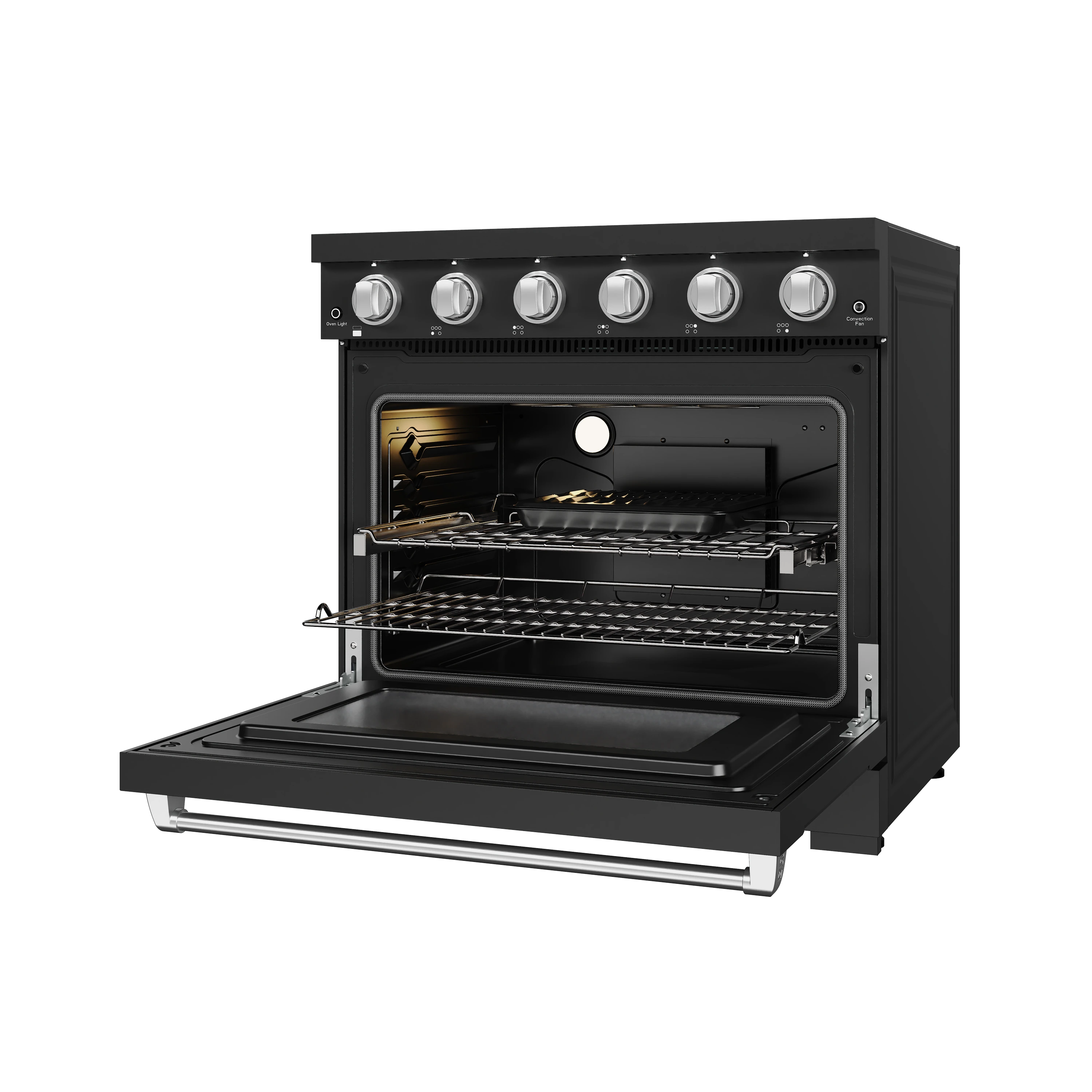 Black electric range with open oven door, racks, and broil element inside