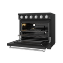 Black electric range with open oven door, racks, and broil element inside