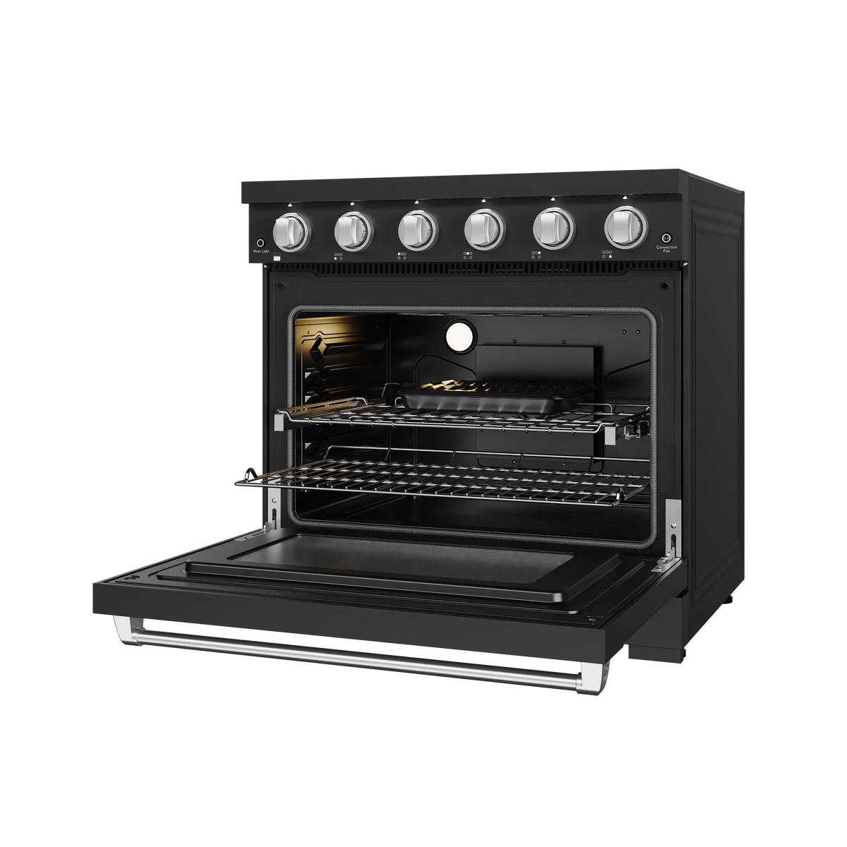 Black electric range with oven door open and lit interior with wire racks