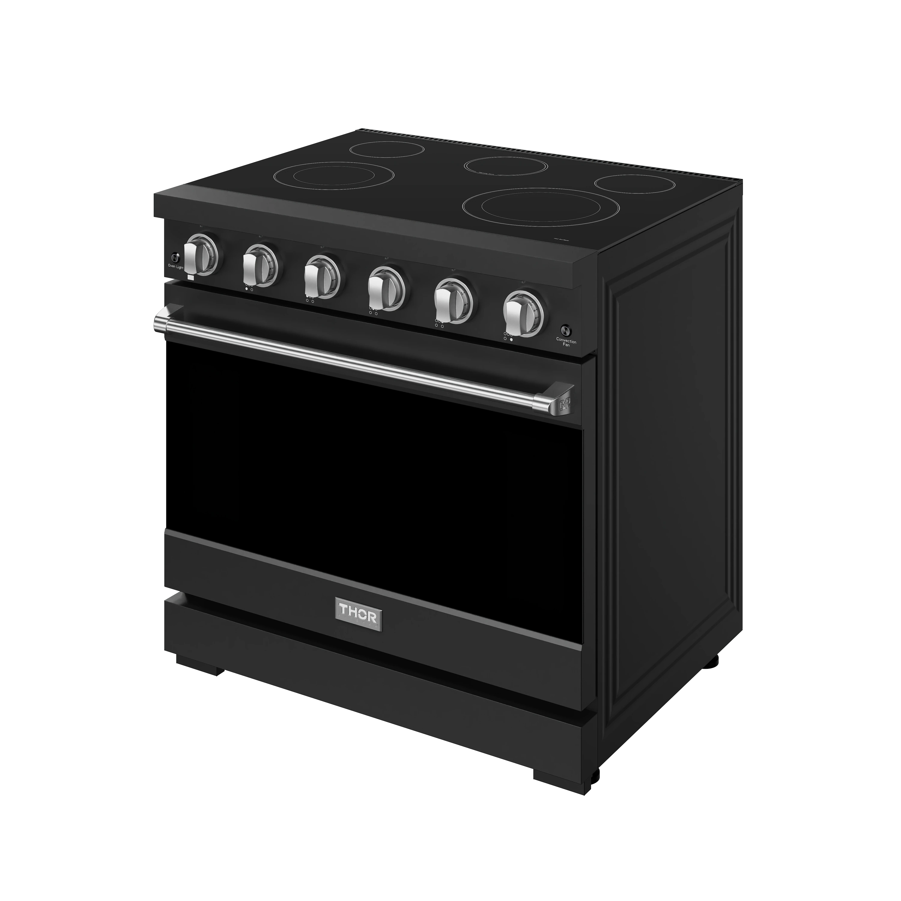 Black electric range with stainless oven handle and row of coil burner knobs