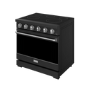 Black electric range with stainless oven handle and row of coil burner knobs