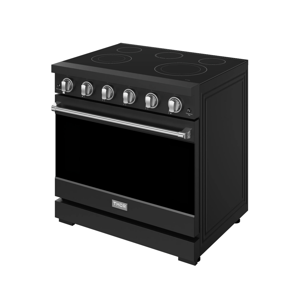 Black electric range with stainless handle bar and 6 round control knobs
