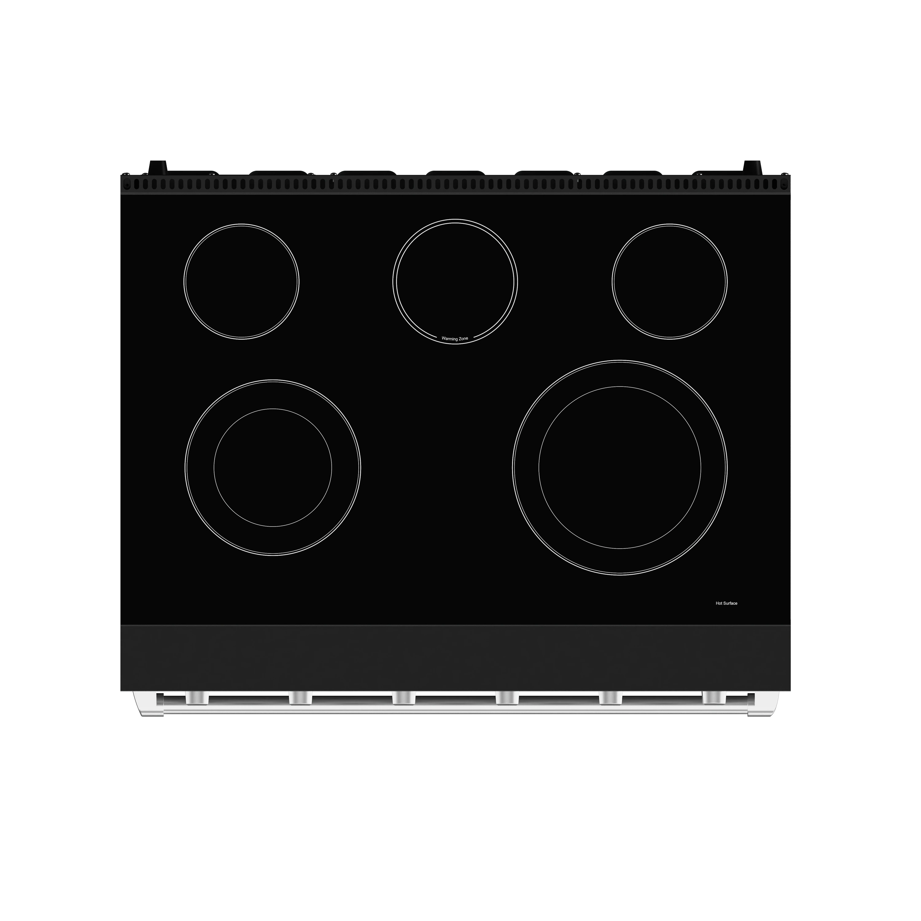Black electric range cooktop back view with five coil burner outlines