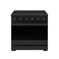 Black electric range with smooth cooktop burners and closed oven door with handle.