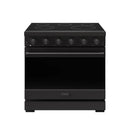 Black electric range with smooth cooktop burners and closed oven door with handle.