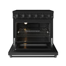 Black electric range with open oven door, oven racks, and front control knobs.