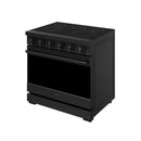 Black 36-inch electric range with smooth cooktop burners and front control knobs.