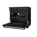 Black electric range with open oven door showing oven rack and interior light.